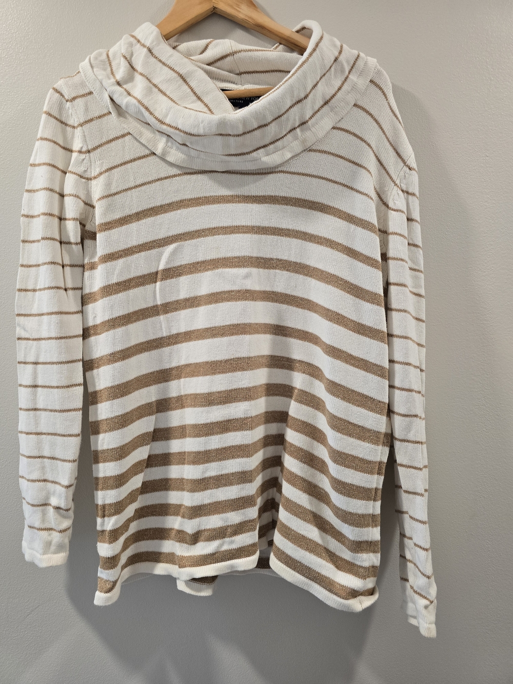Jones New York Cream and Tan Striped Cowl Neck Sweater